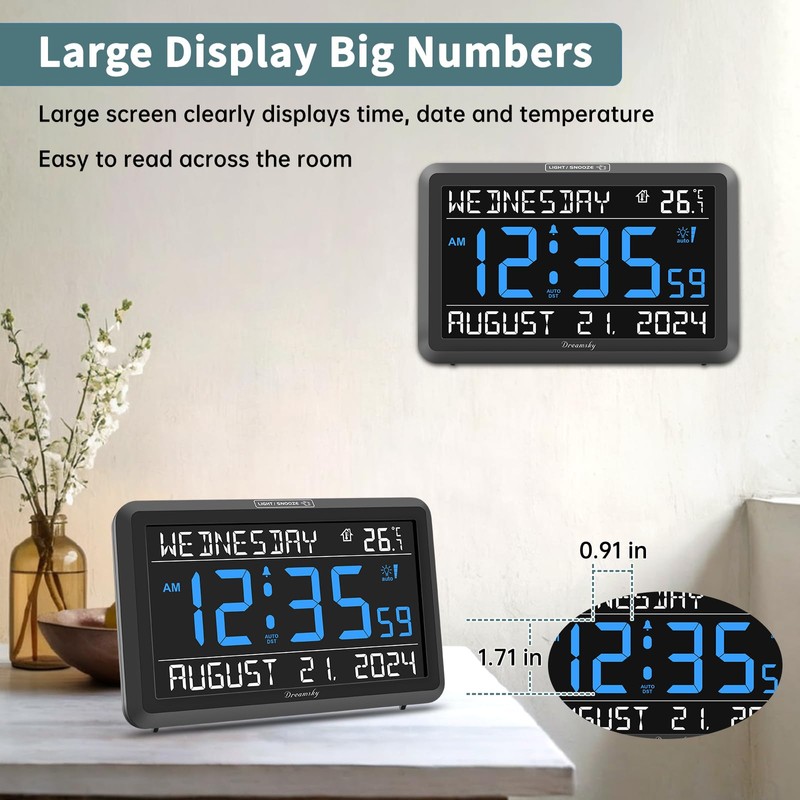 DreamSky Large Digital Clock with Date and Day of Week