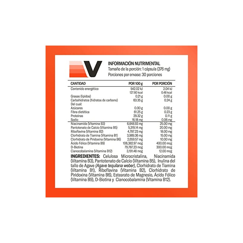 Complejo B completo, Prebioticos, Fibra, 90 cápsulas, Vitaminas B1, B2,