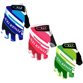 FINGER TEN Junior Kids Bike Gloves Boy Girl Youth, Outdoor Sport Road Mountain Bike Pair, Gel Padded Bicycle Half Finger Pair (Blue, Medium)