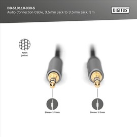 DIGITUS Audio Connection Cable - 3.5 mm Jack to 3.5 mm Jack - AUX Cable - Stereo Cable - Gold-Plated Contacts - Braided Cable - 3 m - Black - for Stereo Systems, Home Cinema, Soundbar, Computer