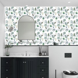 17.5" x 118"Modern Blue and Sage Green Leaf Peel and Stick Wallpaper Botanical Design Removable Self-Adhesive Vinyl Boho Contact Paper for Bathroom Waterproof Cabinets Bedroom and Farmhouse Wallpaper