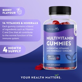 Multivitamin Gummies for Women and Men - 120 Vegan Gummies (4 Month Supply) - 14 Essential Vitamins & Minerals - Vitamin C A D B12 Biotin Zinc - Berry Flavour Chewable Adult Multi Vitamins - Nutravita