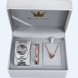 OLEVS Womens Watch Automatic Mechanical Diamond Skeleton Silver Luxury Dress Waterproof Luminous Ladies Watches for Women Gift Set