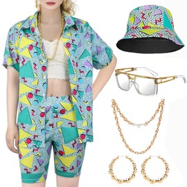 80s 90s Outfit for Women, Color Block Outfits 7 Piece Neon Costume Jacket Windbreaker Outfits Tracksuit Set (Green - A, XX-Large)