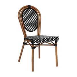 Flash Furniture Lourdes Indoor/Outdoor Commercial Thonet Bistro Stack Chair - Black/White PE Rattan Back and Seat - Natural Bamboo Print Metal Frame