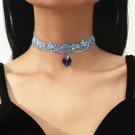 TseenYi Blue Lace Choker Necklace Boho Sapphire Heart Pendant Necklace Short Lace Collar Necklace Gothic Lace Short Necklace Lolita Cosplay Jewellery for Women and Girls Gifts