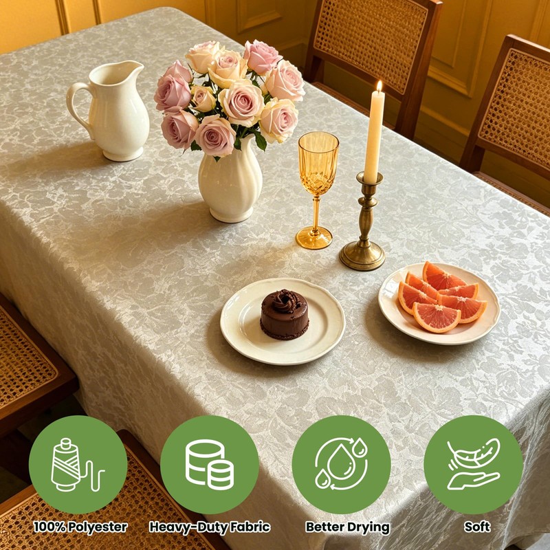 Woven Floral Jacquard Tablecloth 60 x 84 Inches Warm Taupe
