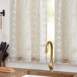 jinchan Boho Kitchen Curtains Linen Tier Curtains 36 Inch Bohemian Cafe Curtains Geometric Striped Small Window Curtains Light Filtering Farmhouse Country for Bathroom RV 2 Panels Green on Beige
