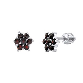 SILVEGO Women's Earrings 925 Sterling Silver with Real Bohemian Garnet Flower Stud Earrings 7 mm, Sterling Silver, Garnet