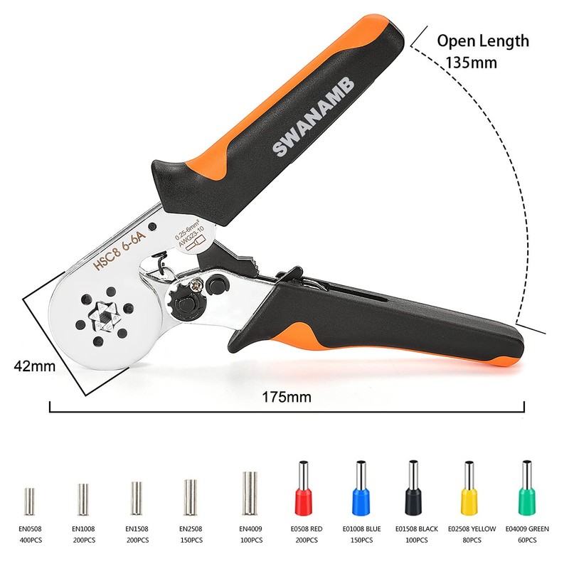 Ferrule Crimping Tool Kit, Self-adjusting Hexagonal Pliers(AWG23-10) Wire Terminals Crimper