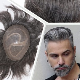 Civmo Men toupee Mono Lace with PU Toupee for Men 100％ European Human Hair Replacement System Mens Toupee Men's Hairpiece Wigs for men(1B Mixed 40% Grey White Hair)