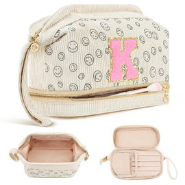 Makeup Bag Gifts for Girls, Initial Make up Bag, Christmas Gift Travel Makeup Bag Double Layer Cosmetic Bag for Her Mom Girlfriend Wife Teacher 12 13 14 15 16 Years Old Teen Girl Gifts Trendy - K