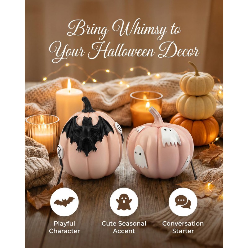Halloween Decorations Pumpkin Figurines Set of 2, Cute Resin Shelf
