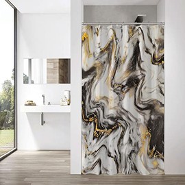 MitoVilla Small Stall Shower Curtain 36 x 72, Black Gold Marble Half Size Shower Curtain Liner, Modern Abstract Narrow Shower Curtain for Bathroom Decor, 36 inch Fabric Shower Curtain Set with Hooks