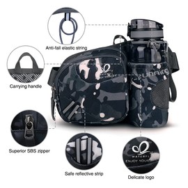 WATERFLY Waist Pack Fanny Pack Bum Bag Hip Pack Running Bag Waist Bag Running Belt Sack Water Resistant with Bottle (Not Included) Holder for Hiking Camping Dog Walking Nylon Fabric (Gray Color)