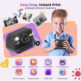 Instant Print Camera for Kids, Birthday Gifts for Girls and Boys Ages 3-12 - 1080P Video Camera for Kids, Gift Ideas for Boys Ages 3 4 5 6 7 8 9 10 11 12 - Girls' Gifts for Christmas/Holidays (Black)
