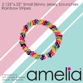 Amelia Beauty, Rainbow Stripe Skinny Jersey Scrunchies, 2.125in Diameter, Gentle on Hair, Strong Hold, No Snag, No Dents or Creases. 12 Pack