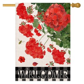 Easternproject Welcome Spring Geranium Decorative House Flag, Red Flower Buffalo Plaid Check Yard Outside Decorations, Summer Farmhouse Burlap Outdoor Large Home Decor Double Sided 28x40 Inch