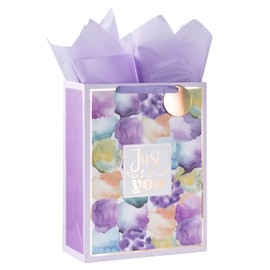 LeZakaa 13" Light Purple Gift Bag, Metallic Foil Gift Bag with Colorful Ink-Wash Design with Golden Foil Just for You Text, for Birthday, Celebrations, Party, Woman, Girls