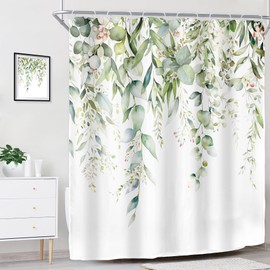 Riyidecor Sage Green Eucalyptus Leaves Shower Curtain for Bathroom Decor 60Wx72H Leaf Plants Botanical Spring Natural Floral Watercolor Art Printed Fabric Polyester Waterproof