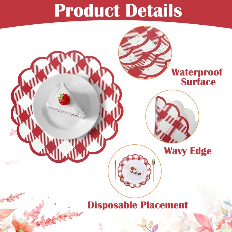 60Pcs Red Checkered Paper Placemats 13.5 Inch Scalloped Round Disposable