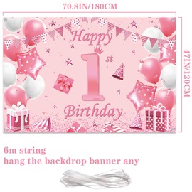 Happy 1st Birthday Banner Backdrop - Pink 1 Year Old Banners Decorations Girl Baby Photography Background for First Birthday Baby Shower Party Supplies 180x120cm