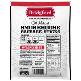 Bridgford Smokehouse Sausage Sticks Hot & Spicy 5 oz Pack of 4 - Gluten-Free High Protein Smoked Sausage Sticks for Many Dietary Preferences - Ready-to-Eat Sausage Sticks for On-the-Go Snacking
