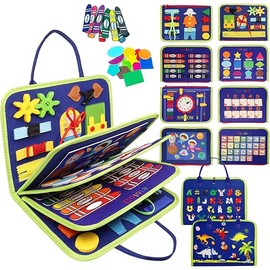 Toddler Busy Board Montessori Toys for 1 2 3 4 Year Old, Busy Book Sensory Educational Activities for Learning Fine Motor Skills, Gifts for Girls Boys, Travel Toys for Airplane Car, Dark Blue