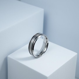 FarF&ME 7mm Men's Silver Tungsten Carbide Double Groove Ring, Center Black Groove Comfort Engagement Ring Size 8-12.5, 12, Non-Precious Metal, no inlay