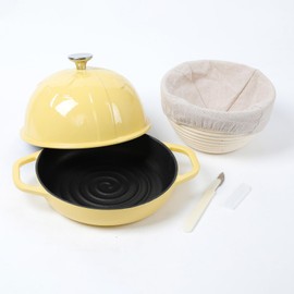 HAWOK Cast Iron Bread Cloche, Dia. 7.8inch/20cm, with Proofing Basket and Dough Scoring Knife, Sourdough Baking Pan Enameled Yellow