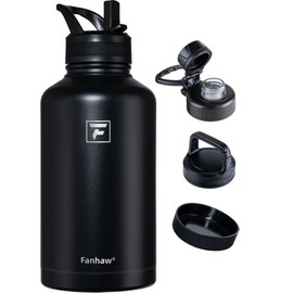 Fanhaw 64 oz Stainless Steel Insulated Water Bottle with 3 Lids (Straw, Spout and Carabiner Lid) - Half Gallon Sports Water Flask Jug (Black)