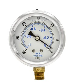 PIC Gauges PRO-201L-254A 30"-0 hg Vacuum PSI Pressure Gauge, 2 1/2" Dial, 1/4" Male NPT Connection, Bottom Mount, Dual Scale, Glycerin Filled, Stainless Steel Case/Bezel, Brass Internals & Plastic Lens