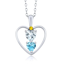 925 Sterling Silver Sky Blue Aquamarine Swiss Blue Topaz and Yellow Sapphire Pendant Necklace For Women (0.75 Cttw, Gemstone March Birthstone, Heart 5MM and 4MM, with 18 Inch Silver Chain)