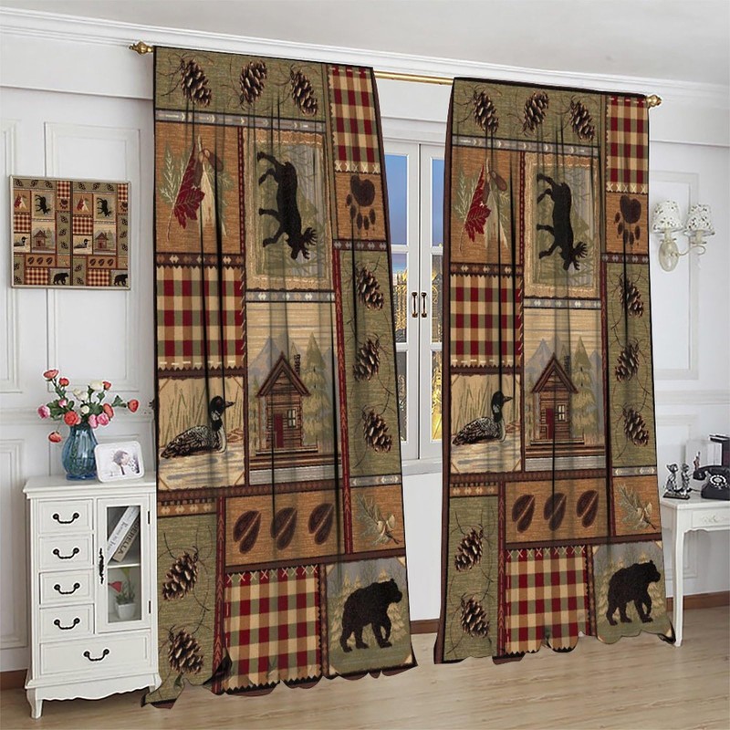 Cabin Curtains, Country Style Farmhouse Deer Bear Nature Forest Window