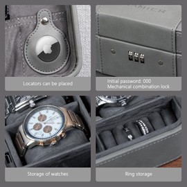 KAMIER Watch Travel Case - 4 Slot Watch Case for Men, Elegant Watch Box with Mechanical Combination Lock and Airtag Holder for Privacy Protection, Watch Storage Organizer
