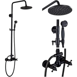 NeierThodore Luxury ORB Bathroom Shower Faucet Dual Handles Wall-Mounted Shower Mixer Taps 8" Rainfall Shower Head Ceramic Handheld Sprayer Oil Rubbed Bronze