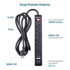 Cable Matters [ETL Listed] Cable Matters 2-Pack 6-Outlet Surge Protector Power Strip with USB Ports - 8ft, Long Extension Cord, Surge Protector with USB Ports, Black