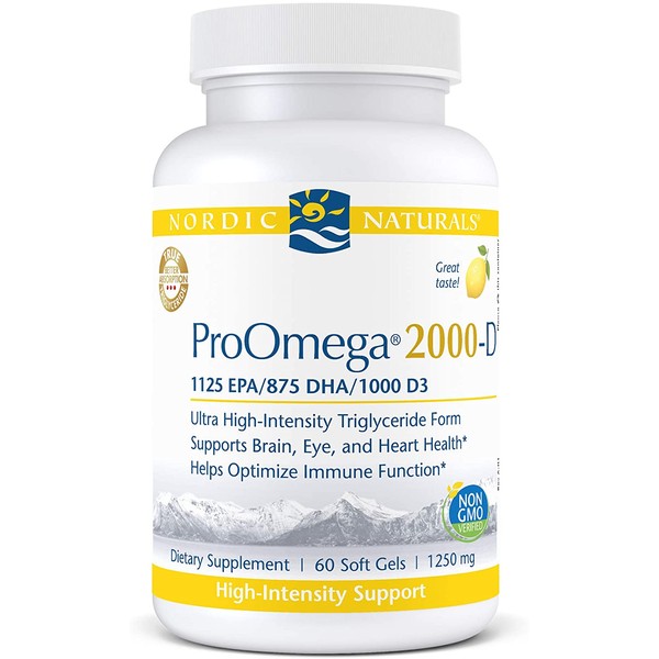 Nordic Naturals ProOmega 2000-D - Fish Oil, 1125 mg EPA, 875 mg DHA, 1000 IU Vitamin D3, Cardiovascular, Neurological, Eye, and Immune Health, Lemon Flavor, 60 Soft Gels