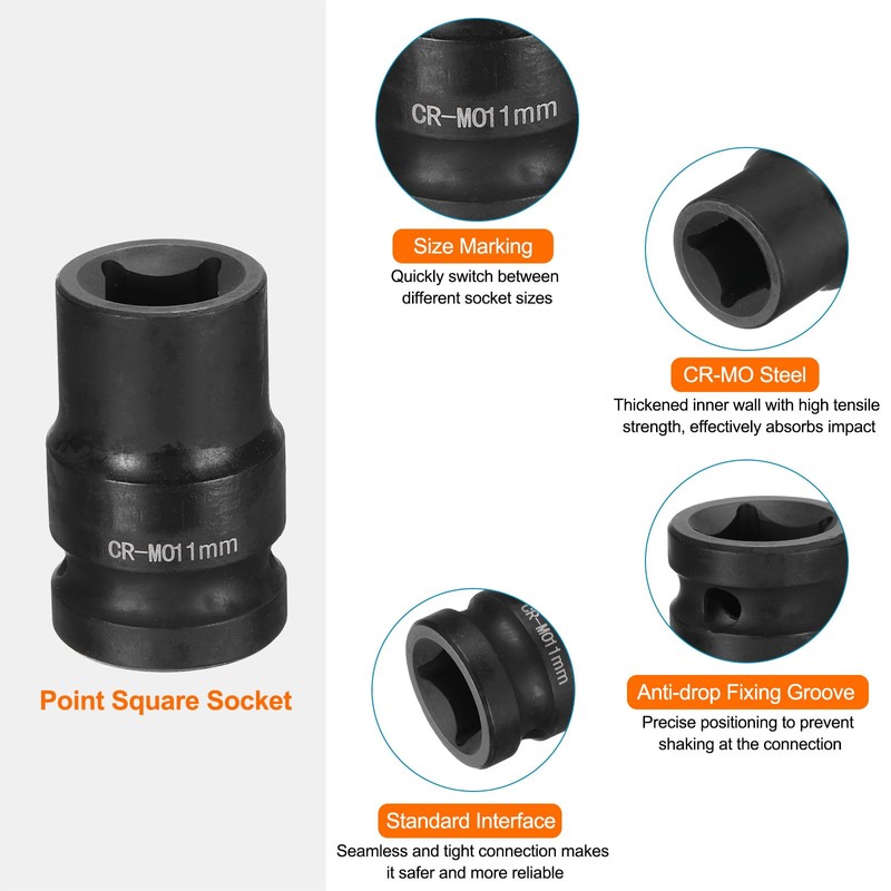 sourcing map 4 Point Square Socket 1/2" Drive 11mm Metric