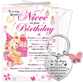 HOWAF Niece Birthday Card Gifts, Happy Birthday Card & Keyring Engraved for Niece Gifts from Niece, Aunty, Aunt, Uncle