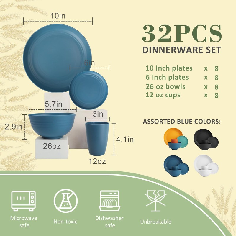 Wrova Wheat Straw Dinnerware Set of 32,Unbreakable Dinner Plates and
