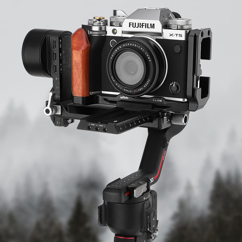 LEFTFOTO X-T5 レトロハンドグリップ L字型ブラケットハンドル 木製グリップ付き Fuj XT5 カメラ用 取り外し可能な垂直張力サイドクイックリリースプレート付き Arca