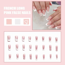 Pink Press on Nails, Long Coffin False Nails - French Tip Pink & White Fake Nail with Heart Accents, 24pcs Full Cover Stick on Nails with Glue, Glossy Elegant Press-Ons for Parties