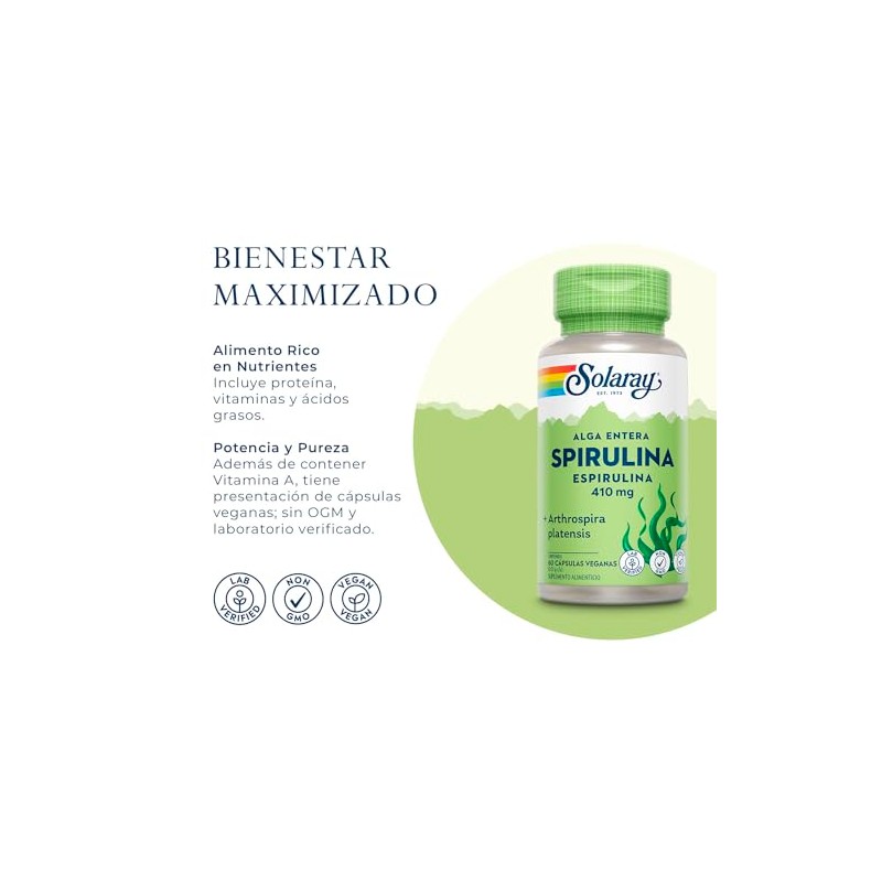 Solaray, SpirulinaEspirulina 410 mg, 60 cápsulas, Vegano, sin OGM