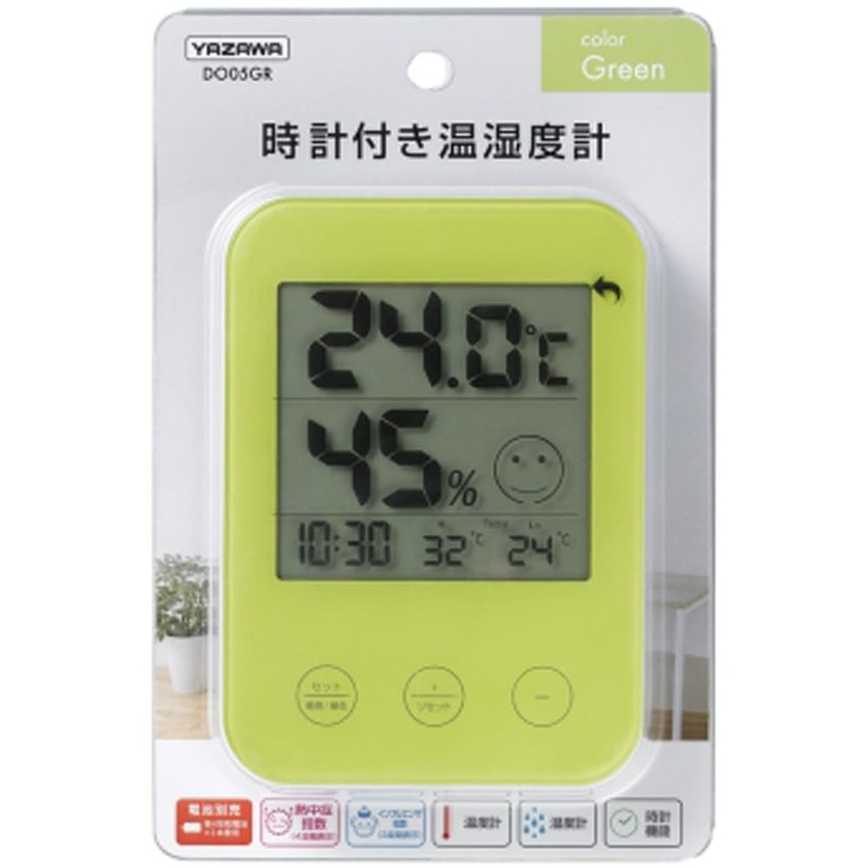 Yazawa Corporation DO05GR Digital Thermometer/Hygrometer, Green with Heatstroke and Flu