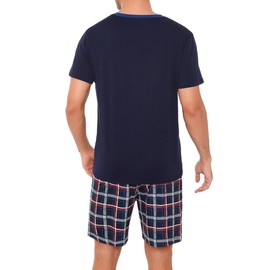 Litherday Men's Pyjamas Set Cotton Short Pjs Loungewear V-Neck T-Shirt and Plaid Shorty Bottoms with Pockets Summer Nightwear Sleepwear S-XXL Navyblue