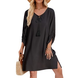 Zeagoo 2025 Womens Summer Beach Dresses Casual Loose Long Sleeve Tunic Dress Swing Falred A Line Bikini Coverups Black L