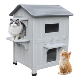 100% Insulated Outdoor Cat Houses for Winter, Waterproof 2 Story Outdoor Cat House with Insulated Liner, Outside Feral Cat Shelter for Outdoor Cats, Easy to Clean-Grey