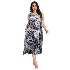 LARACE Plus Size Maxi Dresses for Curvy Women Summer Sleeveless Casual 2025 Long Dress L-5XL(Black White Floral,3X)