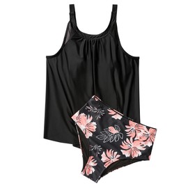 SUUKSESS Women Slimming Tummy Control Tankini Bathing Suits Ruffle High Waisted High Neck 2 Piece Swimsuits(Retro Floral Black,M)